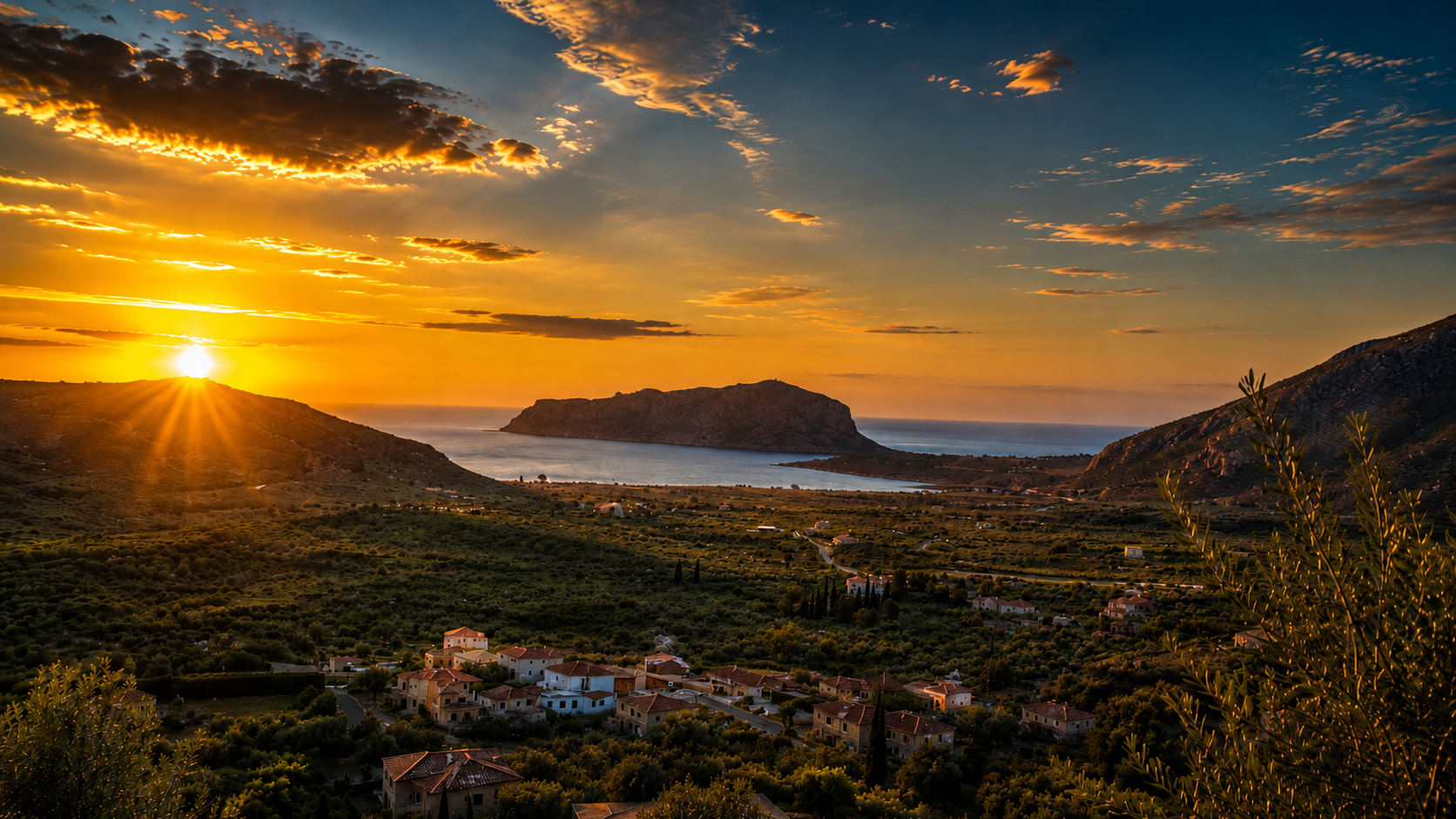 Sunset over the olive groves and Monemvasia